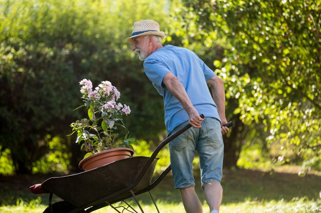 Old man pushing a wheelbarrow.