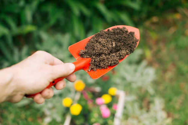 hand holding an orange hand trowel with soil on it.